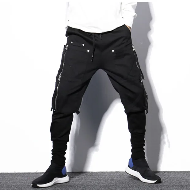 

#7162 Streetwear Elastic Waist Pencil Harem Pant Punk Rock Hip Hop Pants Men Side Zipper Casual Trousers Joggers Mens Black