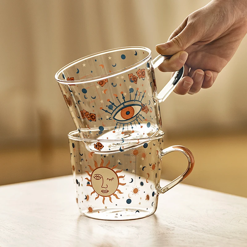 

Nordic 500ml Glass Milk Mugs With Scale Breakfast Mlik Coffe Cup Couple Water Cup Sun Eye Pattern Modern Drinkware Tea Mugs