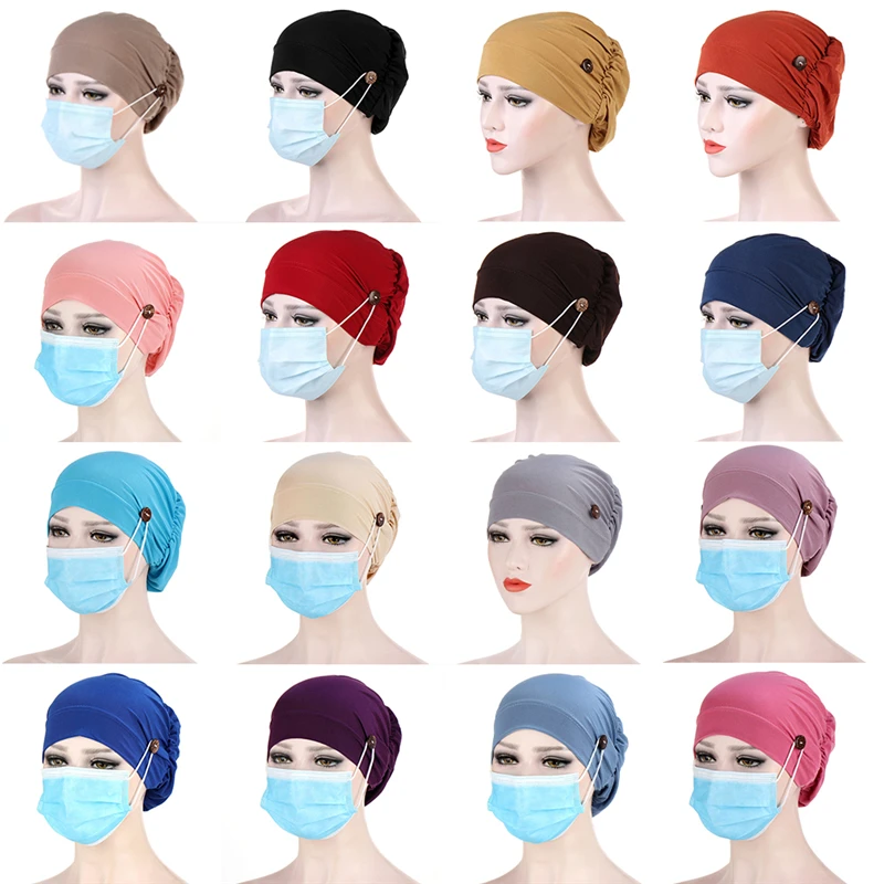 

New Multicolor Muslim Turban Hat For Women Fashion Button Linen Inner Hijab Caps Wrap Head Scarf Hijabs Bonnet Ready To Wear