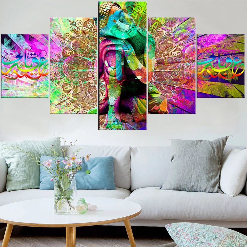 

5 Pieces Wall Art Canvas Painting Colored Abstract Buddha Statue Poster Modern Home Living Room Modular Pictures Decoration