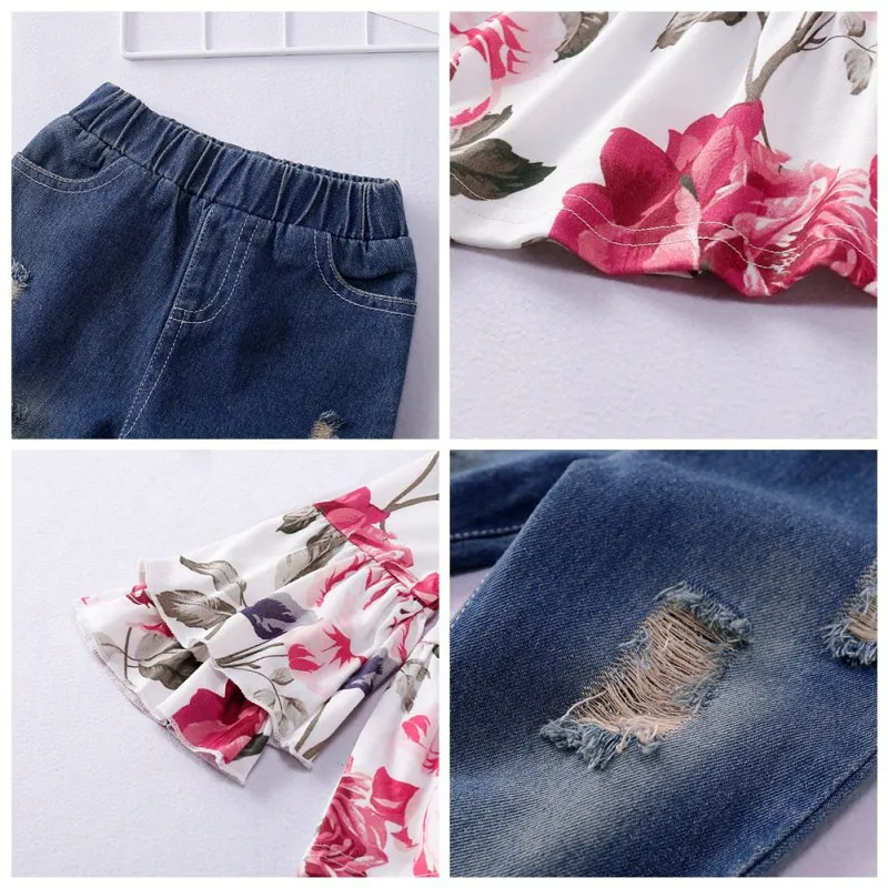 

Baby Girl Clothes Costume Long Flare Sleeve Flower Print Top Dress Denim Pants Sets
