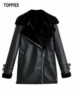toppies winter fur jacket coat womens pu leather long coat high quality zipper sheepskin jacket