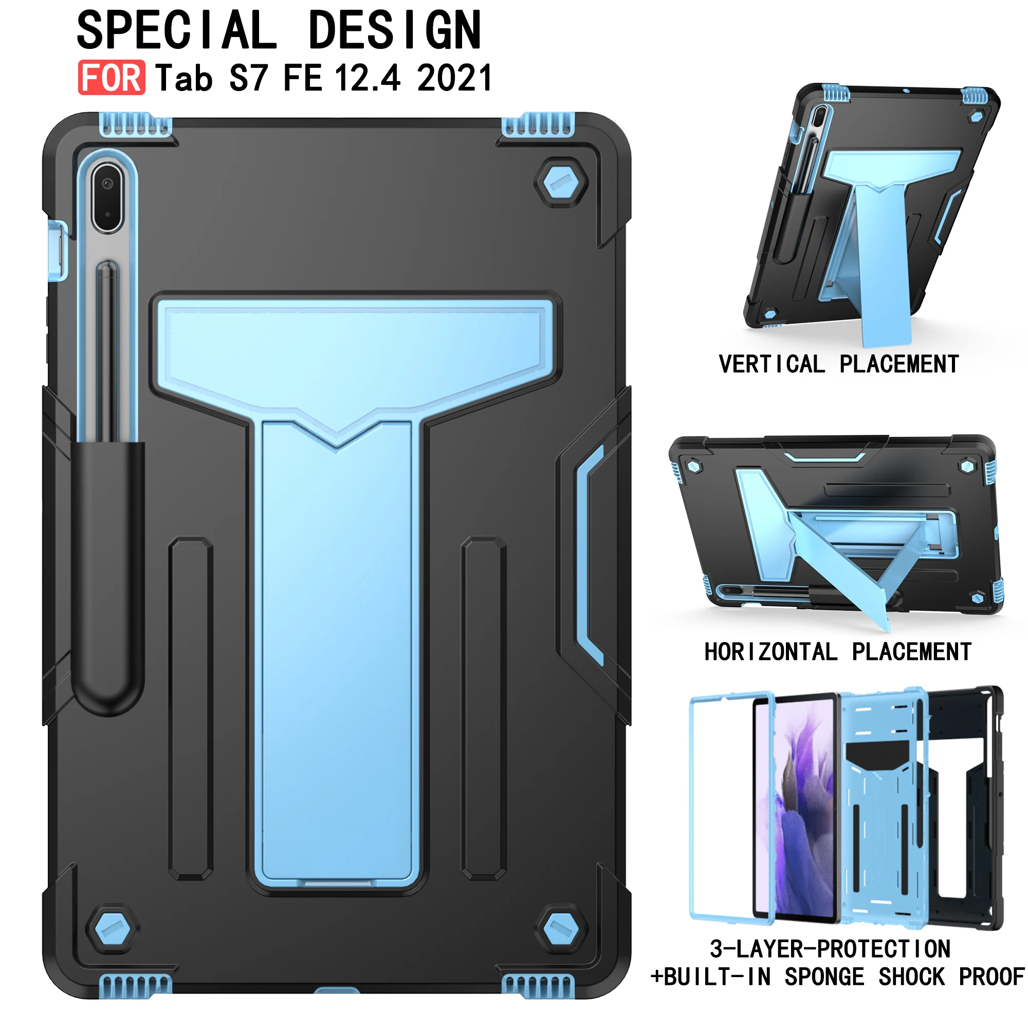 

Armor Case For Samsung Galaxy Tab S7 Fe 12.4inch SM-T730 SM-T736B Heavy Duty TPU + PC Hard Stand Shockproof Cover
