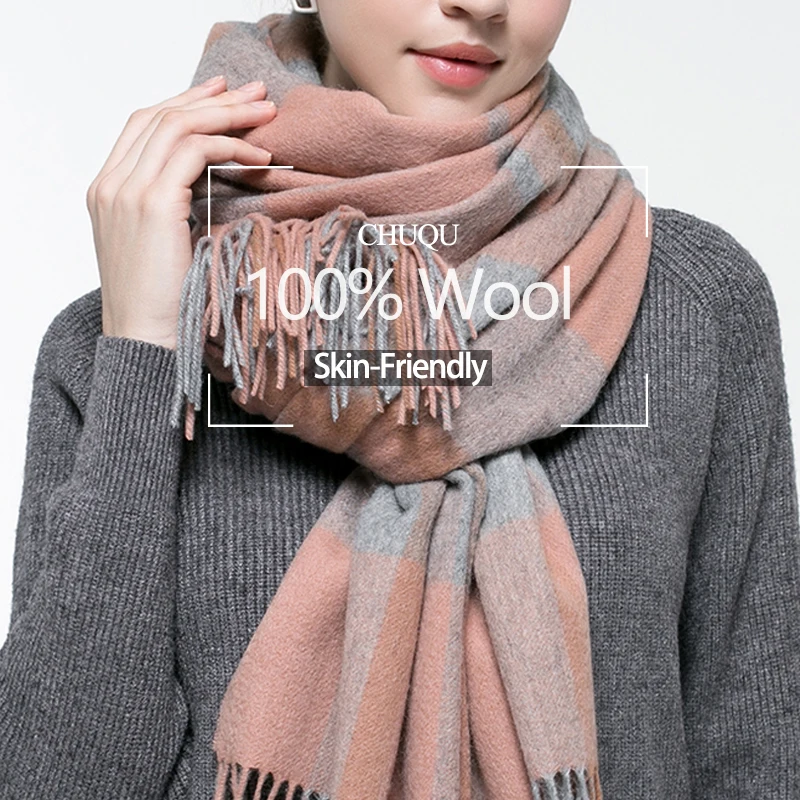 Шарф женский шерстяной в клетку зимний теплый толстый большой шарф шали и