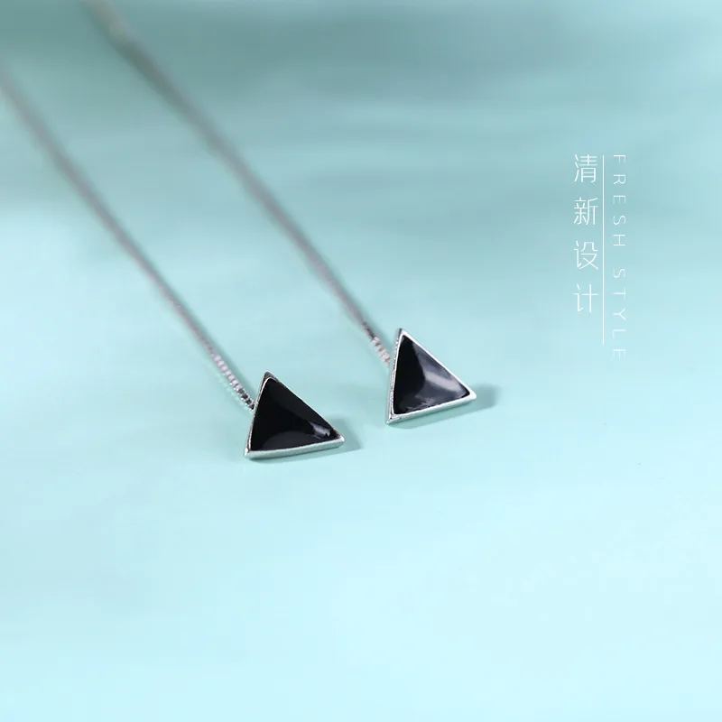 ElfoPlataSi 925 Sterling Silver Black Triangle Earrings Long Chain Ear Line Earrings For Women Fashion Silver 925 Jewelry ED376