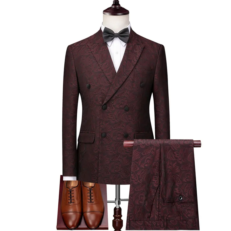 Groom Wedding High End Jacquard Slim Fit Three Piece Suit Blazer Vest Pants Retro Luxury Fashion Jacket Coat Trousers | Мужская одежда