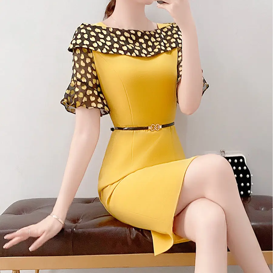 

Yellow Business Style Women's Dress Summer Spring O-Neck Butterfly Sleeve A-Line Women's Dress Fashion Summer Spring SS3488