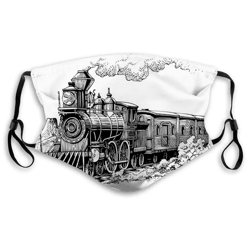 

Comfortable Printed Mask,Steam Engine, Rustic Old Train In Country Locomotive Wooden Wagons Rail Road With Smoke