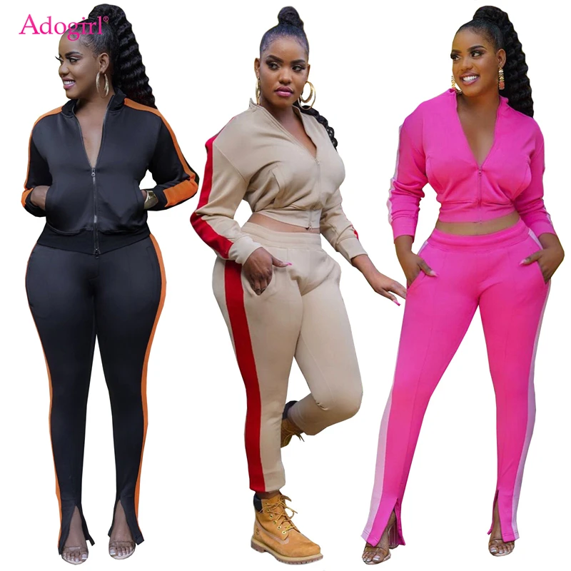 

Adogirl Color Patchwork 2 Piece Set Autumn Winter Casual Active Suit Long Sleeve Zipper Jacket Top Split Pants Jogger Tracksuit