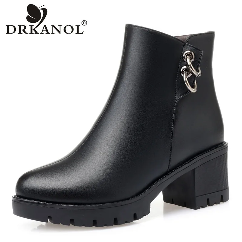 

Модные женские зимние теплые ботинки DRKANOL на высоком каблуке с металлической боковой молнией и круглым носком шерстяные кожаные ботильоны ...