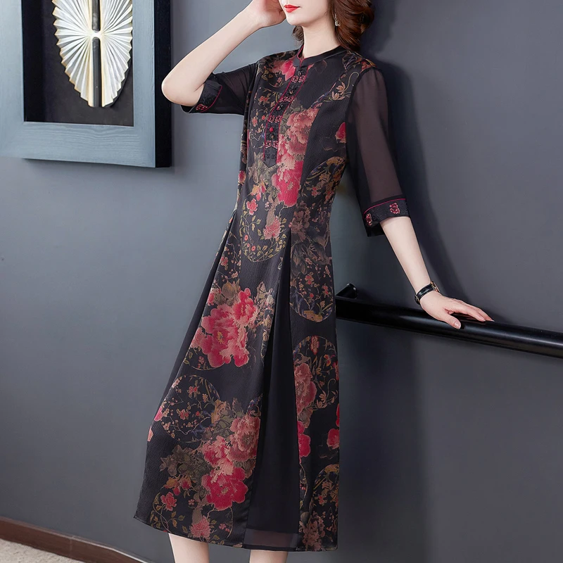 Женское платье в китайском стиле длинное с рукавом средней длины для лета 2020 |