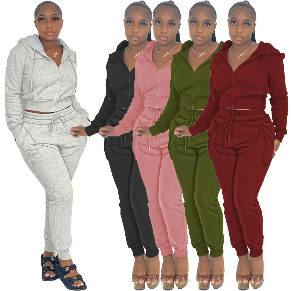 

Women's Fabric Zipper Hooded And Casual Pants Two Piece Set Autumn Winter Women Tracksuit Hoodie+Pants Suit