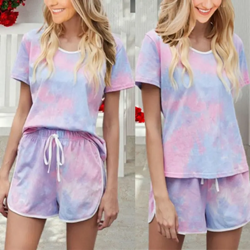 

Women Plus Size Summer 2 Piece Outfits Gradient Tie-Dye Short Sleeve Tops Drawstring Tracksuit Loose Lounge Sleepwear Streetwea