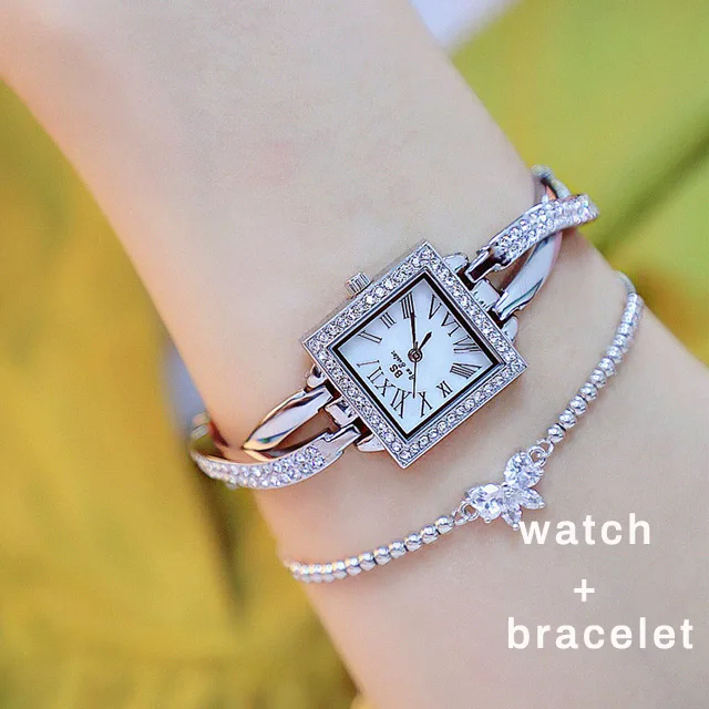 silver-with-bracelet Женские кварцевые часы Повседневное платье женские часы маленький циферблат горный хрусталь Квадратные наручные часы золотые женские часы Reloj Mujer - Цвет: silver-with-bracelet