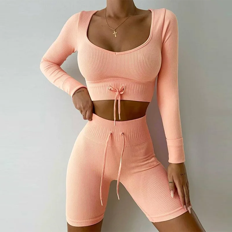 

Threaded V-neck Long Sleeve Casual Sports Suit Pure Color Shorts Suit
