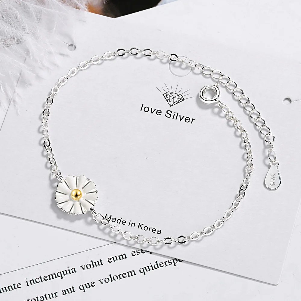 Корейский простой 925 пробы серебряный ромашка браслет Femme Argent изящный Braslet