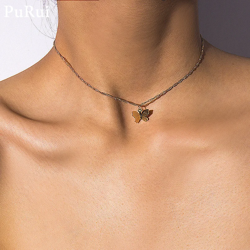 

PuRui Simple Small Animal Butterfly Clavicle Chain Necklace For Women Punk Vintage Gold Color Pendants Necklace Jewelry