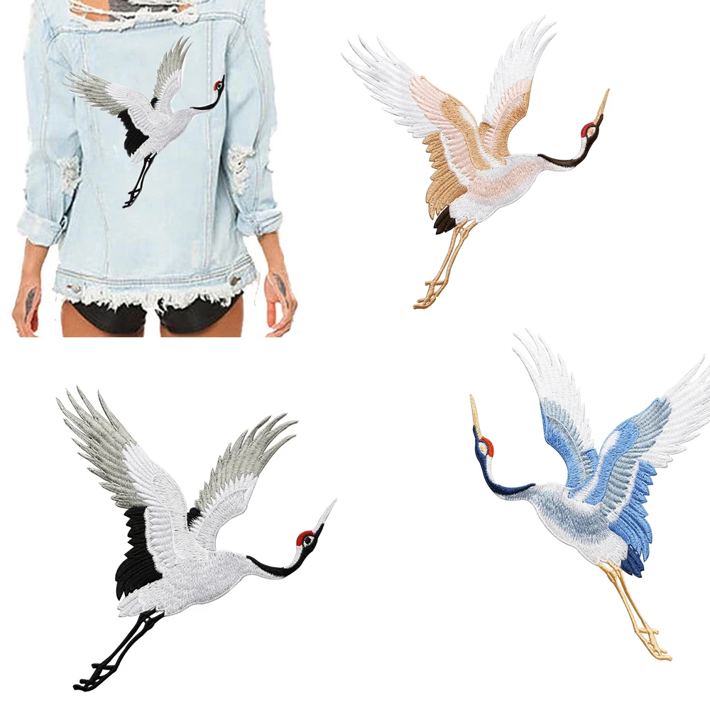 Chinese Style Patches for Clothing Embroidery Applique Sew on Red-crowned Crane Birds Decor DIY Embroidered Stickers for Clothes