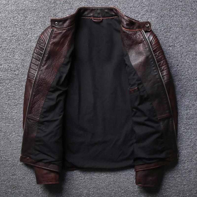 Мужская короткая мотоциклетная куртка коричневая и черная винтажная байкерская