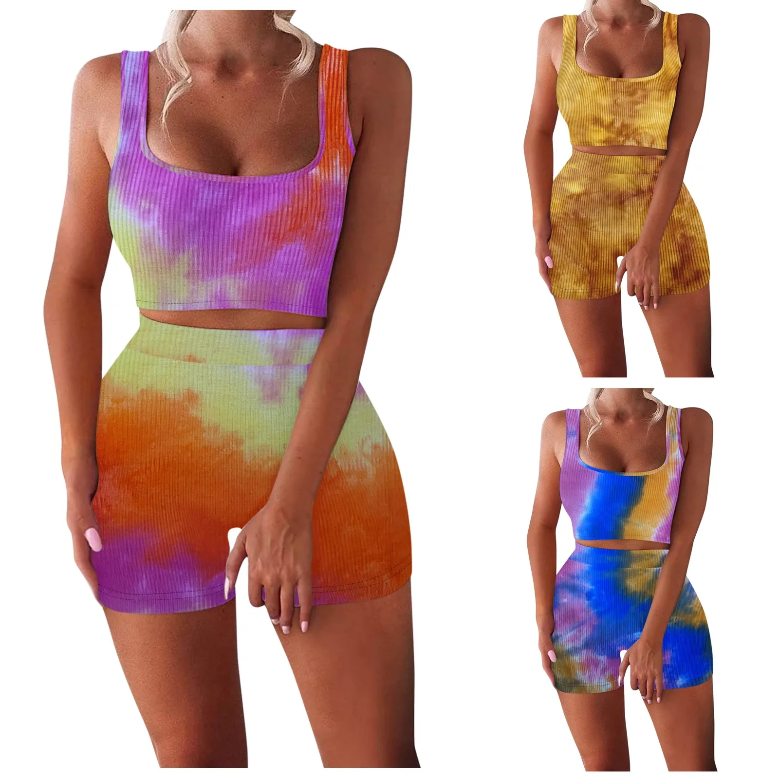 

Women Tie-dye Printed 2 Piece Sport Set Seamless Sleeveless Crop Top+high Waist Shorts Yoga Suit Gym Running Training Clothes