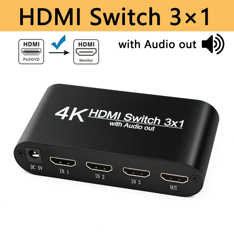 Switcher com Divisor de Áudio 3×1 para Xbox 3 em 1 para Fora Hdmi Entrada Saída Interruptor 360 Ps4 Inteligente Android Hdtv 4k Adaptador 3 1