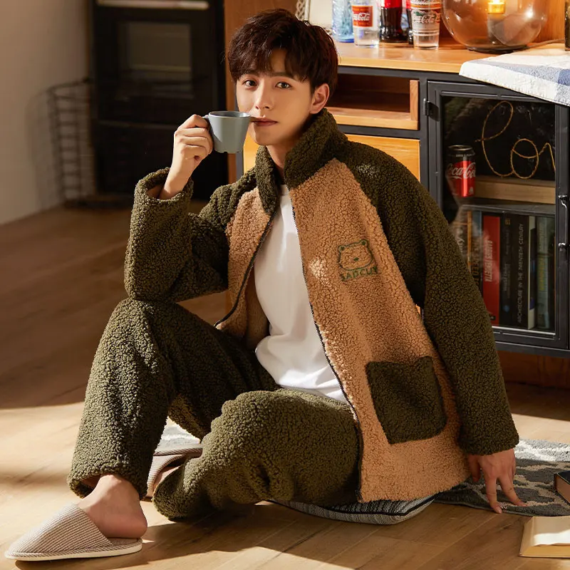 

New Winter Pajamas Man Coral Fleece Wool Thick Flannel Leisurewear Warm Suits