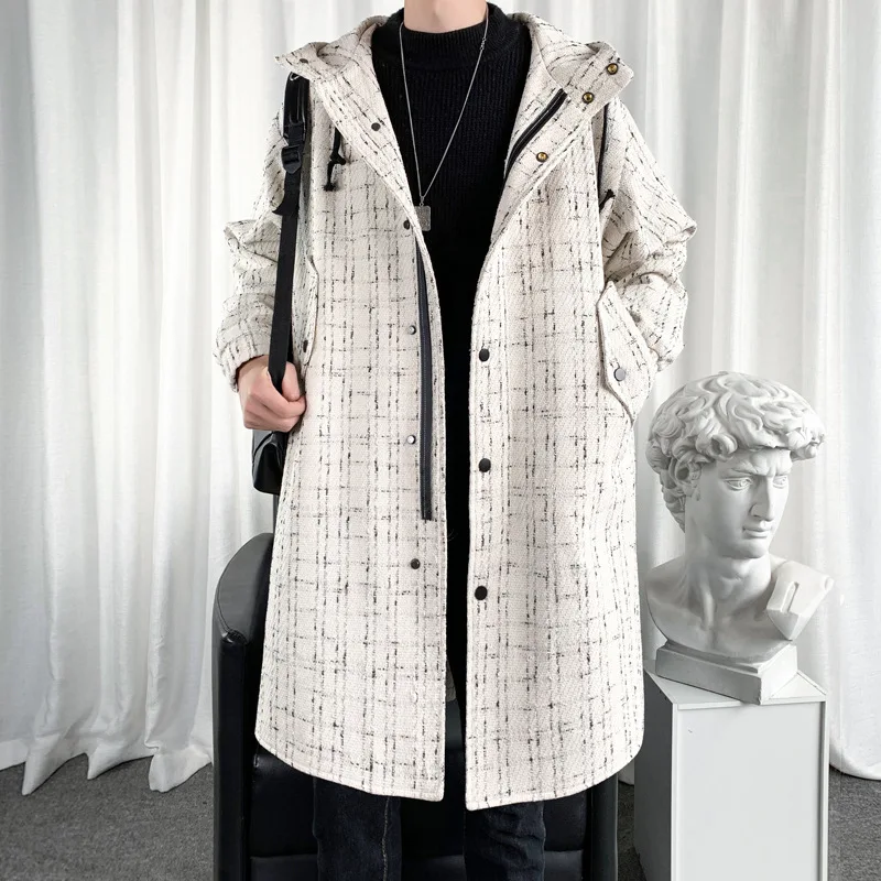 

Men Clothing 2021 Autumn Winter Windbreaker Men's Long Woolen Coat Men's Mid-length Pie Overcoming Korean Hooded Cardigan