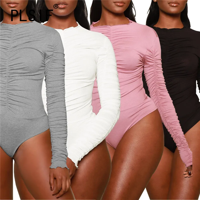 Женские драпированные комбинезоны облегающее боди с длинным рукавом лето-осень
