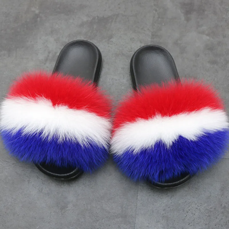 

Women Luxury Fox Fur Slides New Brand Ladies Fox Fur Slippers Women Summer Home Indoor Big Fur Slippers Flip Flops Drop Shipping