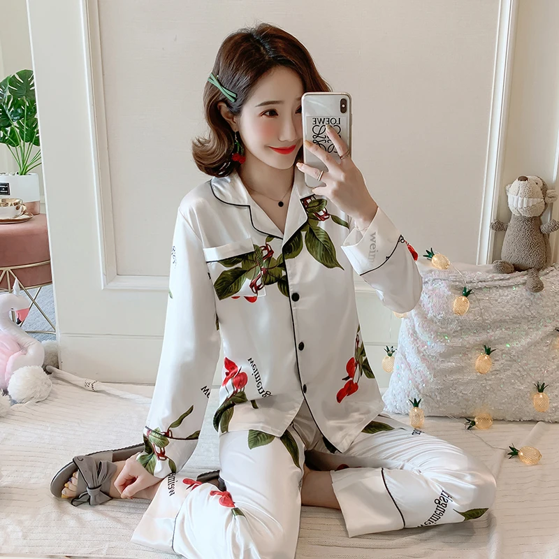 

Silk Long-sleeved Women Pajamas Set for Spring and Summer Autumn Comfortable Cardigan Tops long Trousers Ladies homewear suit