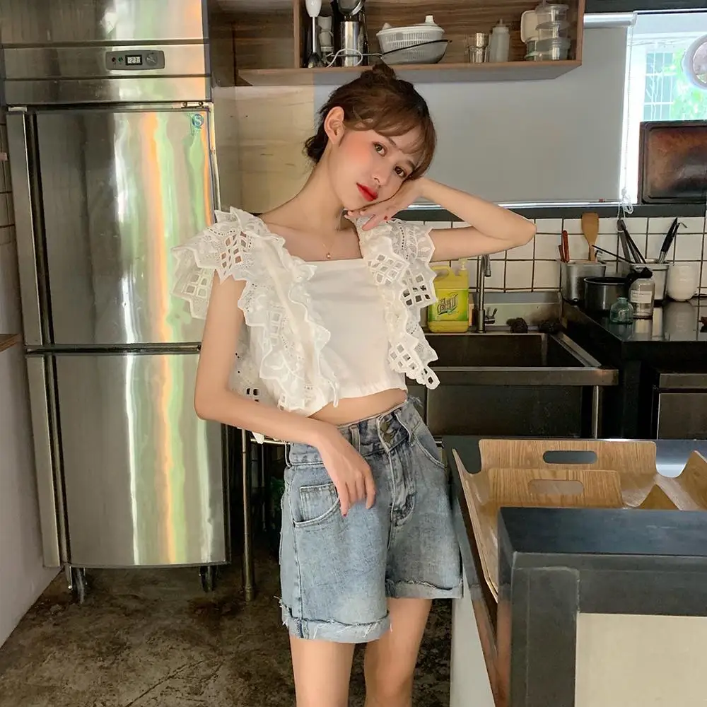 Ажурная кружевная рубашка для женщин лето 2020 новая белая блузка без рукавов
