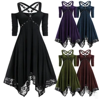 2021 new punk style pure color sexy big size v neck princess skirt lace edge sleeve middle waist irregular dress e5y162