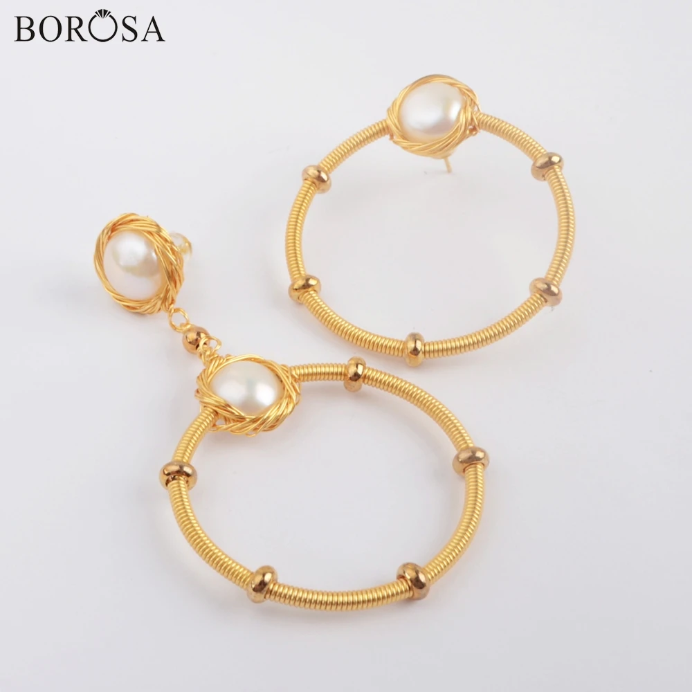 

Серьги-подвески BOROSA WX1212 с натуральным жемчугом, модные круглые ассиметричные серьги с пресноводным жемчугом, геометрической формы, с золотистой проволокой, 2/3 пары