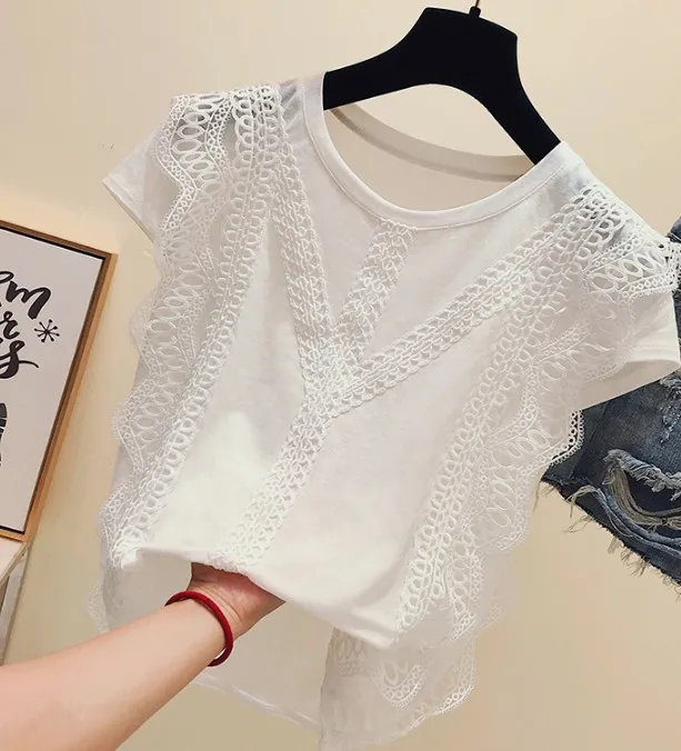 White Новинка, летняя женская Милая Кружевная футболка с коротким рукавом, белая хлопковая Футболка с кружевами и вышивкой, базовые топы для девочек, милые рубашки - Цвет: White