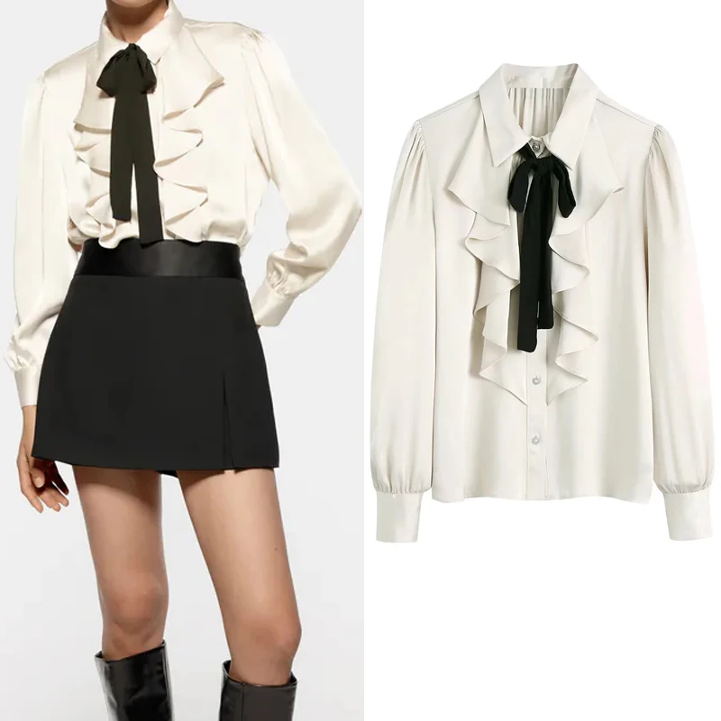 

Блузка Женская атласная с рюшами, длинным рукавом и воротником на пуговицах