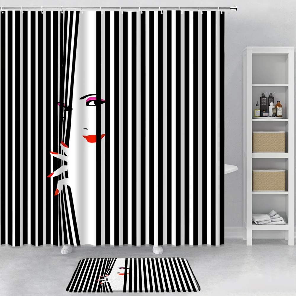 

2Pcs Set Black White Stripes Fashion Beautiful Woman Shower Curtain Sexy Red Lips Art Design Fabric Bath Curtains Bathroom Mats