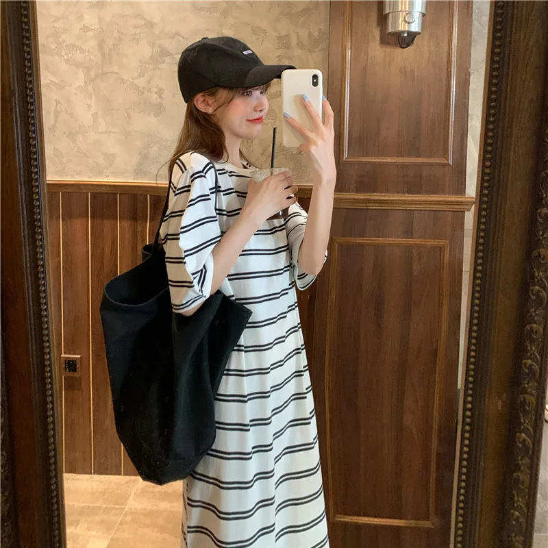 

2021 Fashion Female Stripe Stretch Casual Dresses Women Spring Summer Round Collar Short Sleeve Mid-Calf Dress Lady Clothes Z163