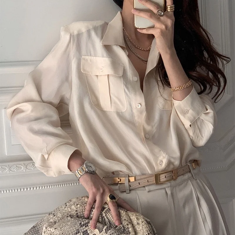 

2022 Spring Female Tops New Cotton Solid Office Ladies Blouses Casual Single-breasted Lapel Women Shirts Femme Blusas 13512