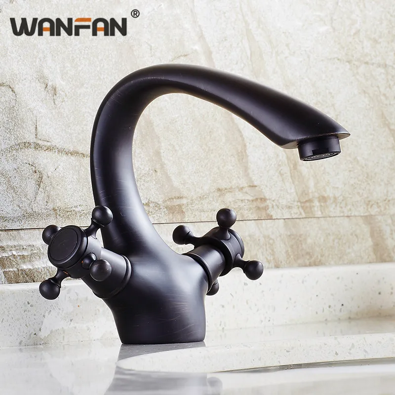 Черный античный латунный Смеситель для раковины в ванную комнату двойная