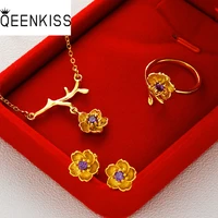 qeenkiss js516 fine jewelry wholesale fashion woman birthday wedding gift 24kt gold flower ringearringsnecklace jewelry set