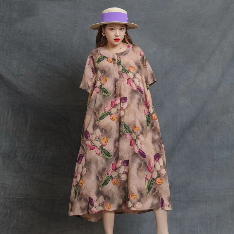 

CHICEVER Print Dress For Women O Neck Short Sleeve Mid Loose Hit Color Pullover Vintage Dresses Female Fashion 2021 Clothing New