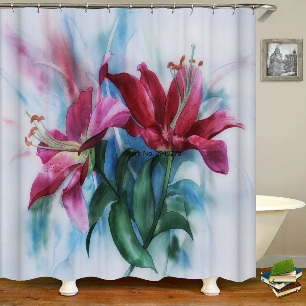 

3d-занавеска для душа с цветочным рисунком, водонепроницаемая фотозанавеска с крючками, занавеска для ванной, ткань европейского стандарта
