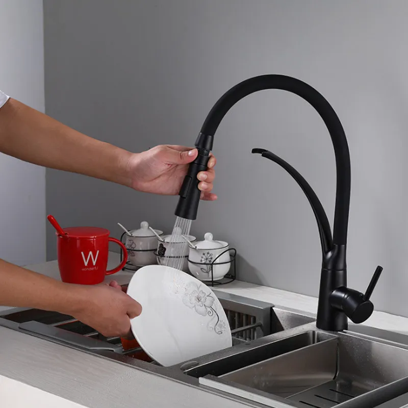 

Paint Black Kitchen Sink Faucet Sprayer Brass Mixer Tap 360 Rotation Single Handle Faucet Pull Down Deck Mounted Crane for Sinks