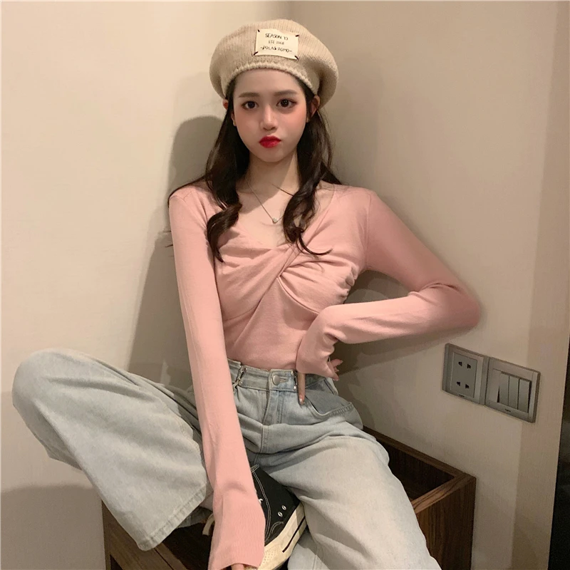 

Spring and Autumn Korean of the new slim cross V-neck bottoming long-sleeved T-shirt
