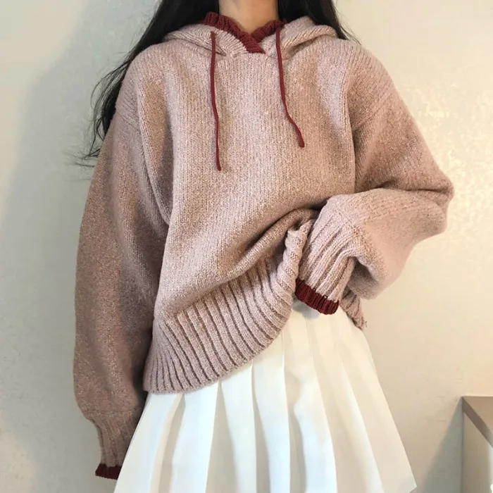 

2021spring and Autumn New Lace Long-Sleeved Lace-up Sweater Women's Colorblock Hood Sweater Loose and Lazy Style Top
