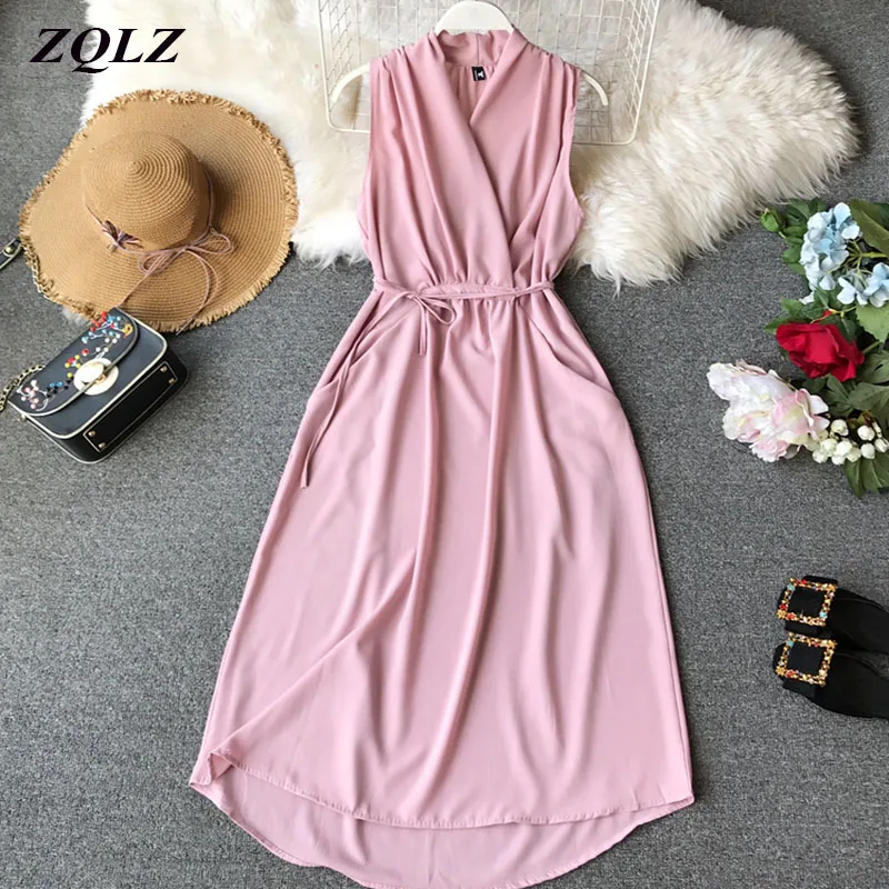 Женское винтажное платье без рукавов ZQLZ розовое повседневное пляжное с