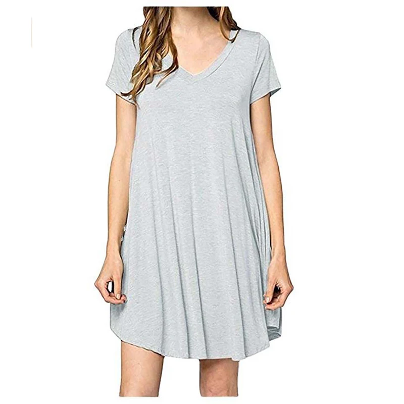 

Casual Loose Solid Women Dress Sexy V-Neck Short Sleeve Mini Ladies A-Line Dresses With Pockets
