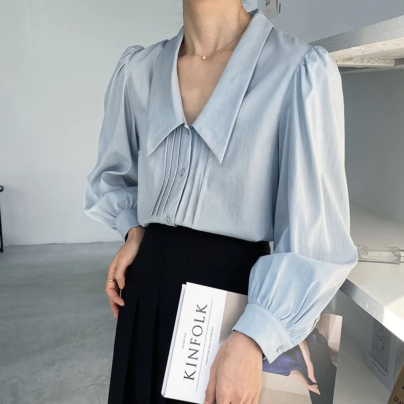 

French Elegant Solid Puff Long Sleeve Blouses Women Draped Turn-down Collar Casual Shirts 2021 Sweet Chic Fashion Female Tops