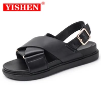 yishen sandals women genuine leather metal detailed ankle buckle strap summer beach ladies flat roman shoes handmade