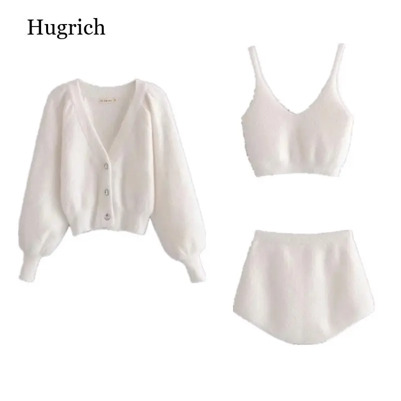 Женский трикотажный костюм-тройка Осенние плюшевые шорты на бретельках с